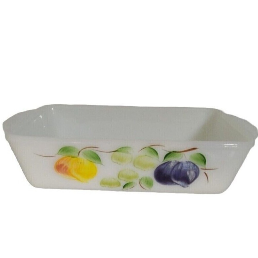 Vintage Fire King Milk Glass‎ Baking Dish Fruit Design Rectangular Casserole Pan
